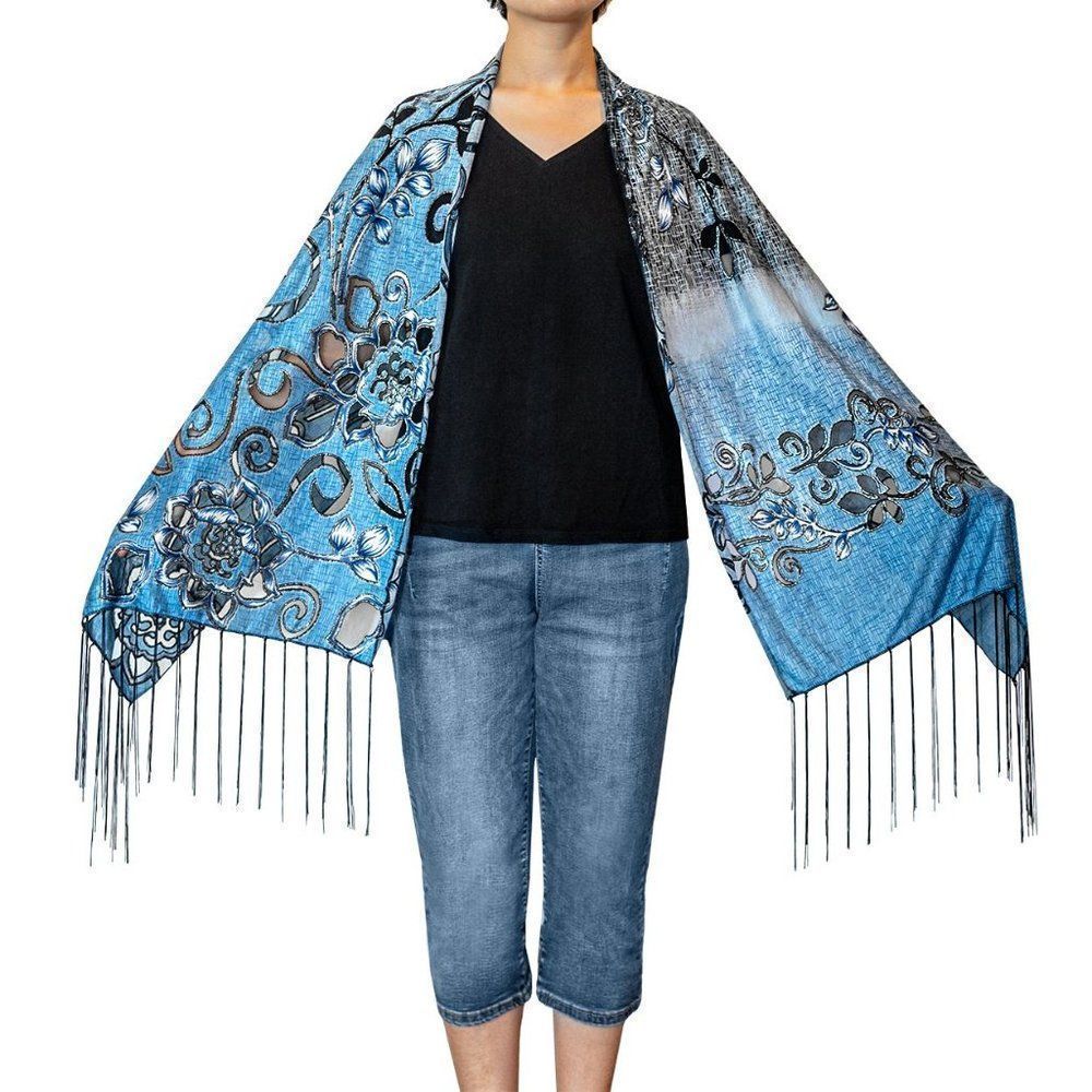 Teal Blue  with Silver Black Floral Tassel Fringe Accent Shawl